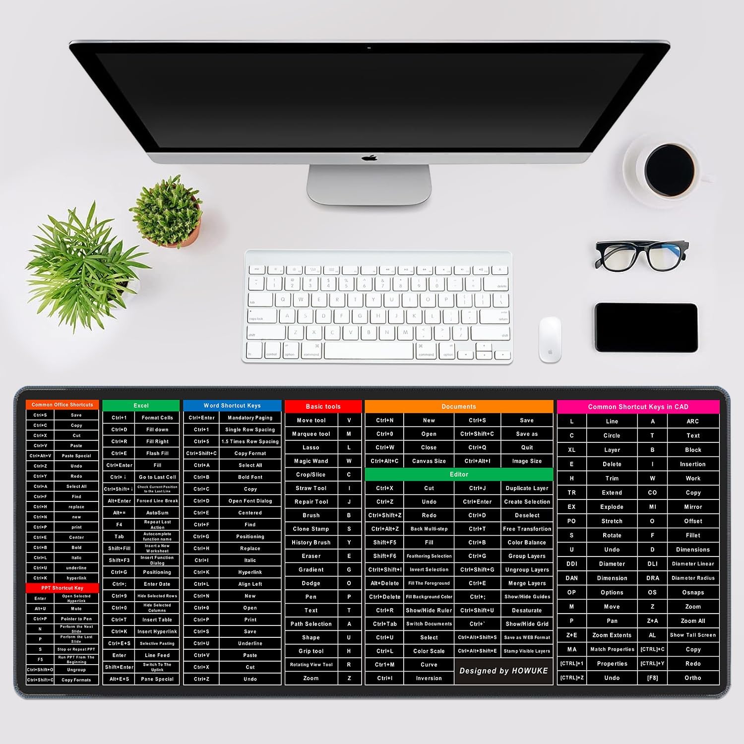 Keyboard Shortcut Mouse Pad 31.5 x 11.8 Inch – Office Excel Word PowerPoint Shortcut Cheat Sheet Desk Mat – Large Anti-Slip Keyboard Pad with Clear Shortcut Key Patterns