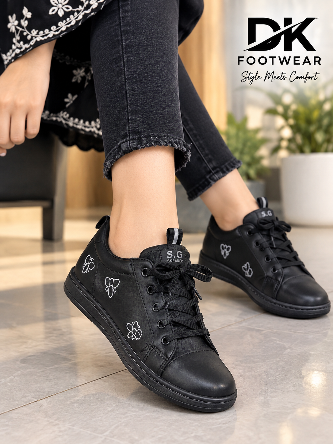 Women & Girls Trendy Black Sneakers - Stylish Butterfly Embroidery Casual Flat Shoes - Black Lace-Up Comfort Shoes