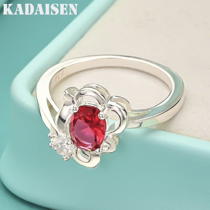 925 Sterling Silver Flower Ruby 7-10# Ring For Women Wedding Engagement Fashion Charm Jewelry