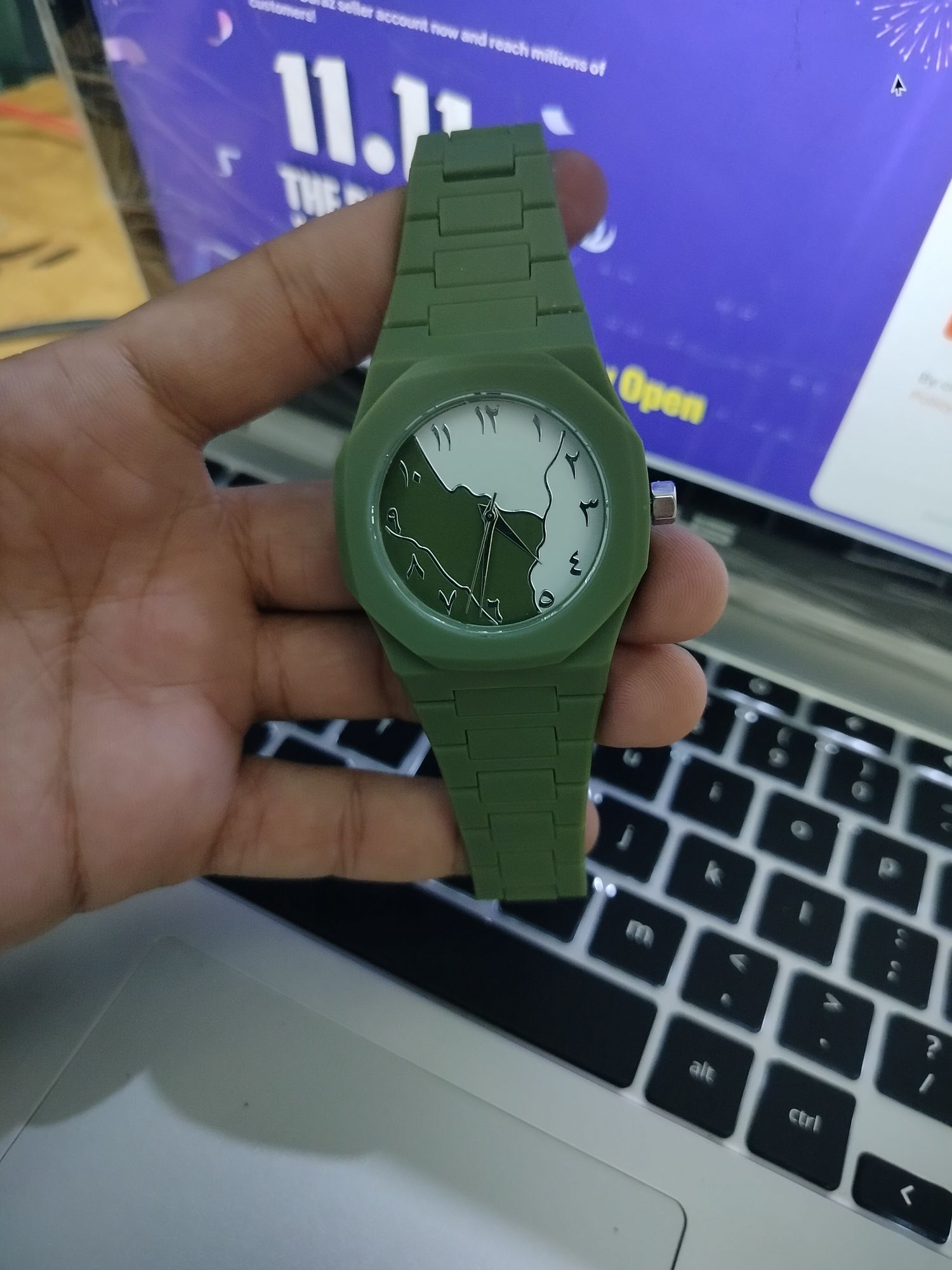 Premium Arabic Numerals Wrist Watch – Silicon Strap, Islamic Dial (Blue & Army Green)