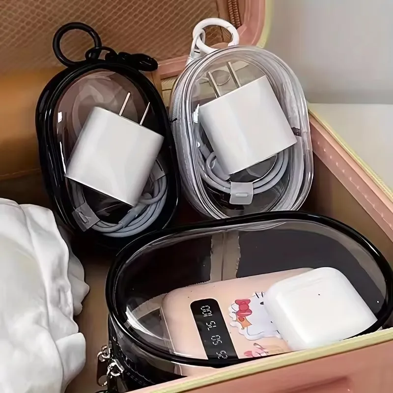 Portable Mini Transparent Storage Bag with Zipper Multifunctional Headphone and Charger Case Travel Accessories with Keychain