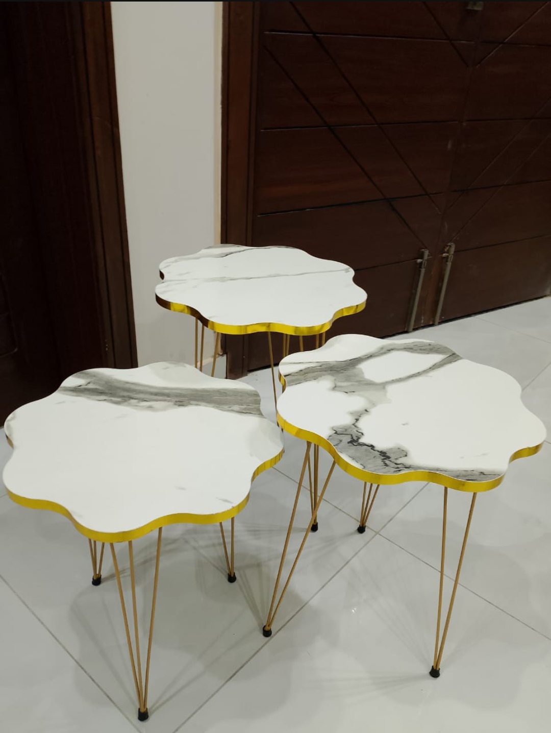 Corner/nesting/Coffee table marble textured high gloss top, metal stand, set of 3 table by alhafiz walls