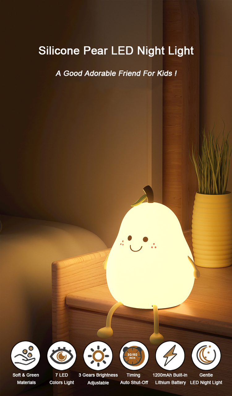 Silicone Cute Cartoon Pear Shaped Pat Light Bedroom Lamp Soft Rechargeable Night Light
