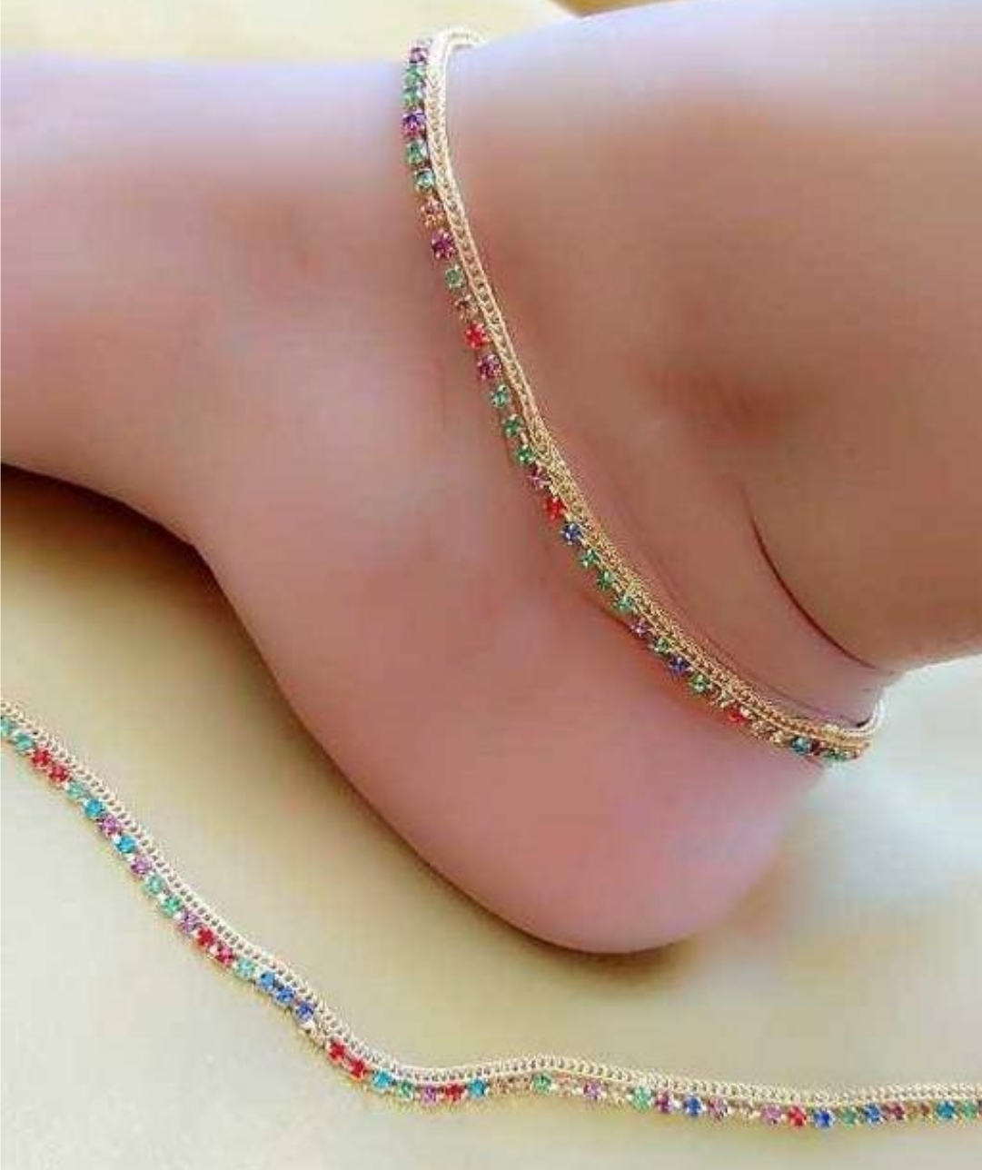 2 Pieces Embedded Stones Anklets Golden Silver Multi Color Payal Pazeb Stylish Anklets For Women Girls Traditional Jewelry Party Wear Style Fashion Accessories Shiny Crystal Anklet Set For Feet Ethnic Foot Jewelry - Silver Multicolor