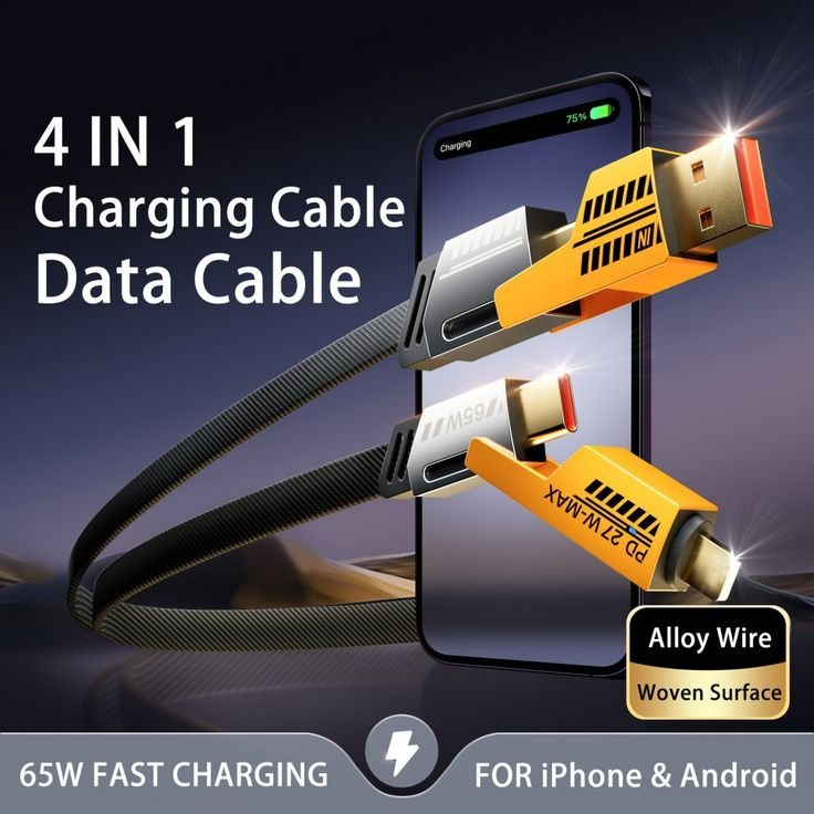 Usb To Type C Pd Charging Cable Nylon Braided C To C C To Lightning Usb A To C And Usb A To Lightning Durable Design Fast Charging And Data Sync For Multiple Devices 4 in 1 65 Watt