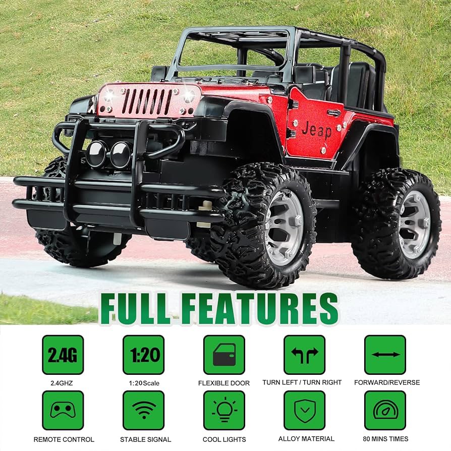 1:20 Scale Remote Control Car, Non-Slip Off-Road Toy Car with Friction Powered Wheels & Openable Doors, RC Jeep Toy for Kids & Children