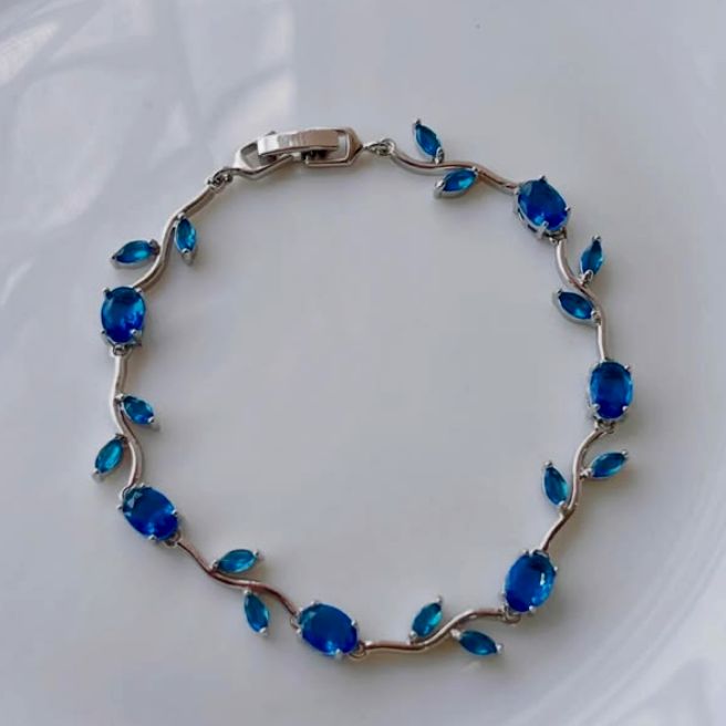 Silver Plated Tulip Vine Bracelet for Women - Ocean Blue Crystal Floral Branch Hand Chain, Elegant Anti-Tarnish Leaf Jewelry Gift for Girls