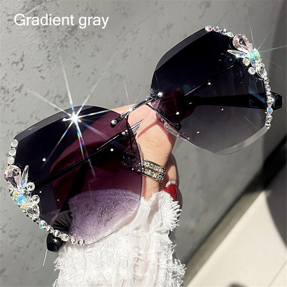 Vintage Cutting Lens UV400 Rhinestone Sunglasses Women Sun Glasses Rimless Sunglasses Gradient Rimless Sunglasses