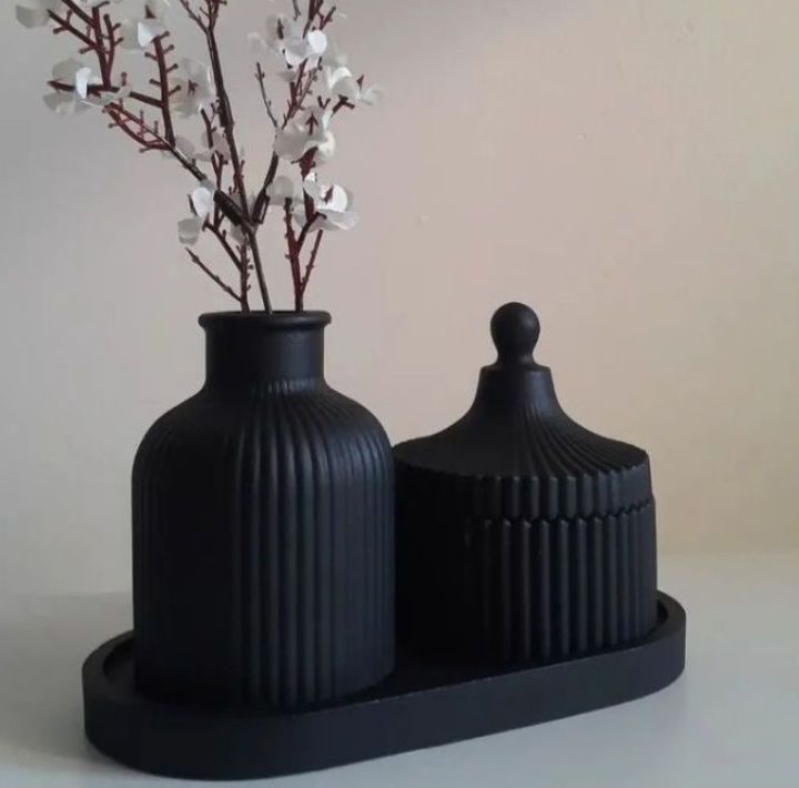3 Pcs Set of Home Decor  1x Ribbed Concrete Mini Flower Vase, 1x Ribbed Concrete Trinket Jewellery Storage Box & 1x Oval Shaped Concrete Trinket Tray  Storage & Organisation  Decorative Accents  Jewellery Armoires & Boxes  Gift Sets