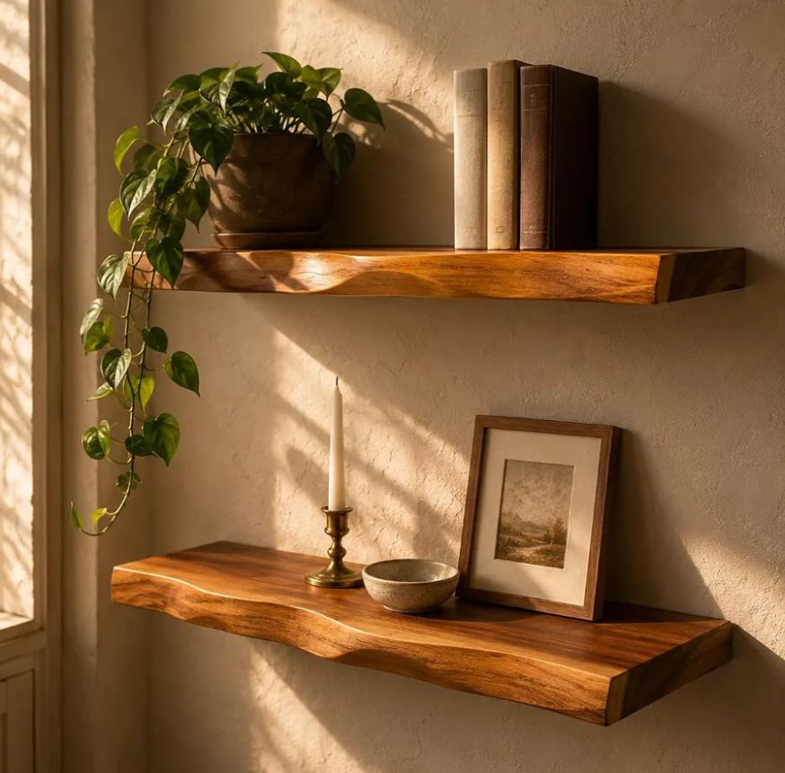 Premium Live Edge Floating Shelf | Custom Size Wooden Wall Mounted Shelf | Rustic Industrial Floating Wall Shelf | Modern Display & Storage Shelf for Living Room, Bedroom, Kitchen & Office
