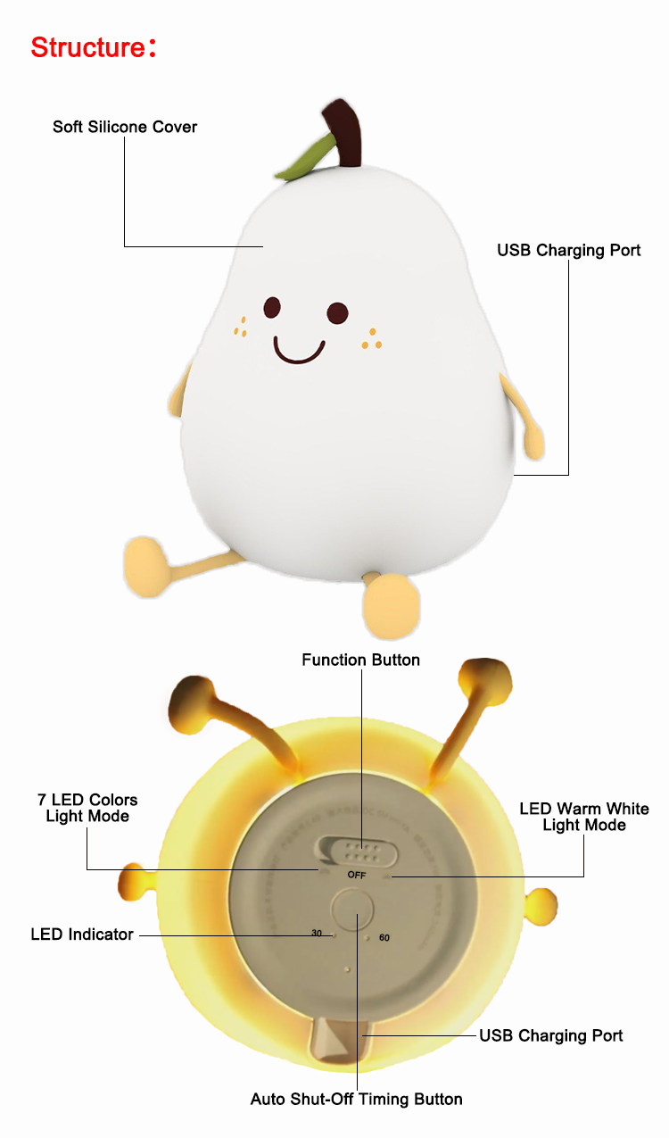 Silicone Cute Cartoon Pear Shaped Pat Light Bedroom Lamp Soft Rechargeable Night Light