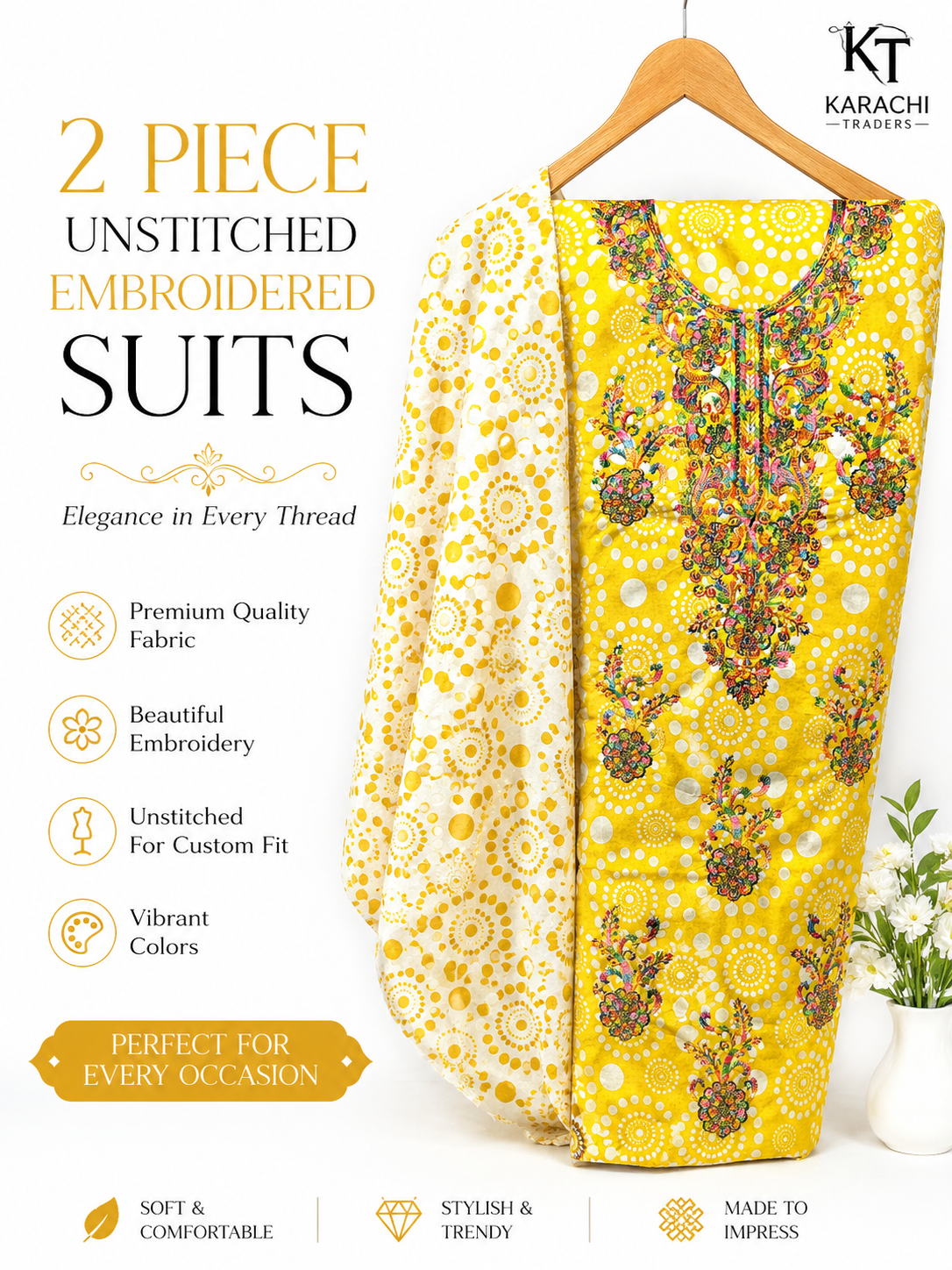 2 Piece Unstitched Embroidered Cotton Dress for Women Summer Collection Soft Printed Suit 6 Colours Available