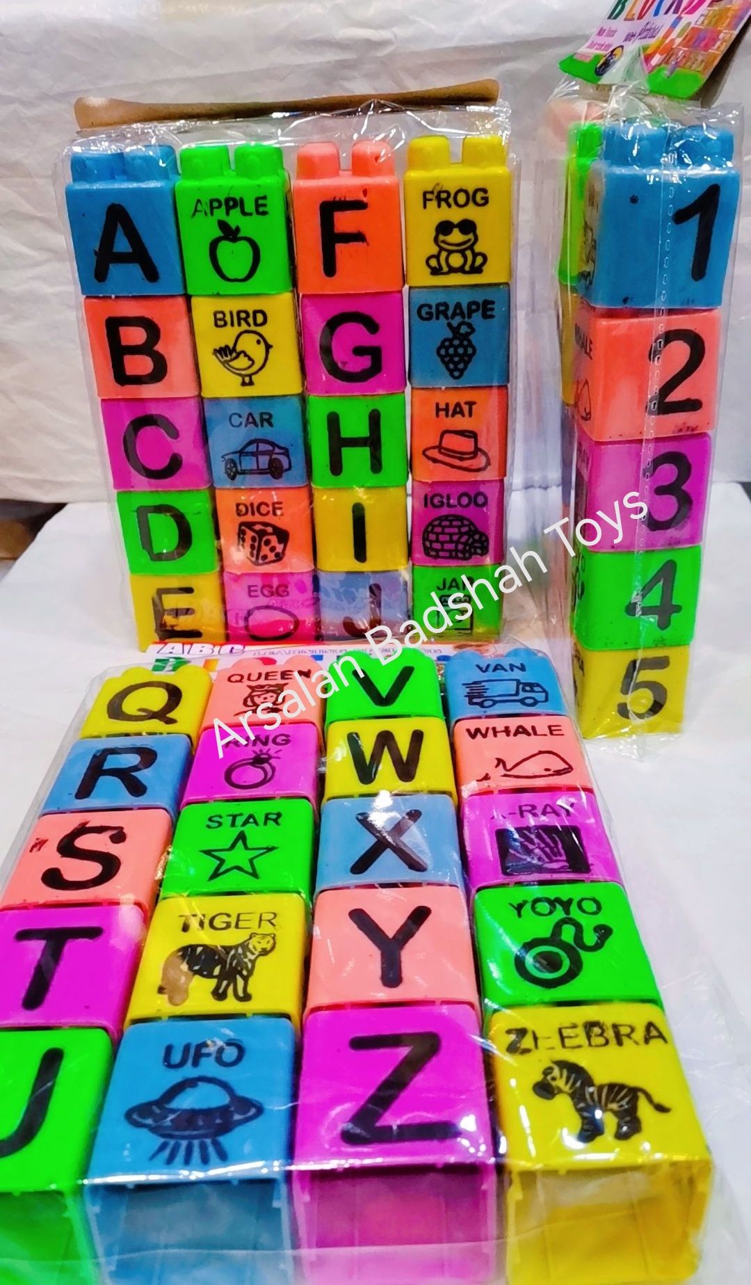 Educational Blocks Toys Set , Alphabet Letters Words -A to Z , Counting 1to 20 - Learning Spelling. (Local made Plastic) ( Small Size Block).