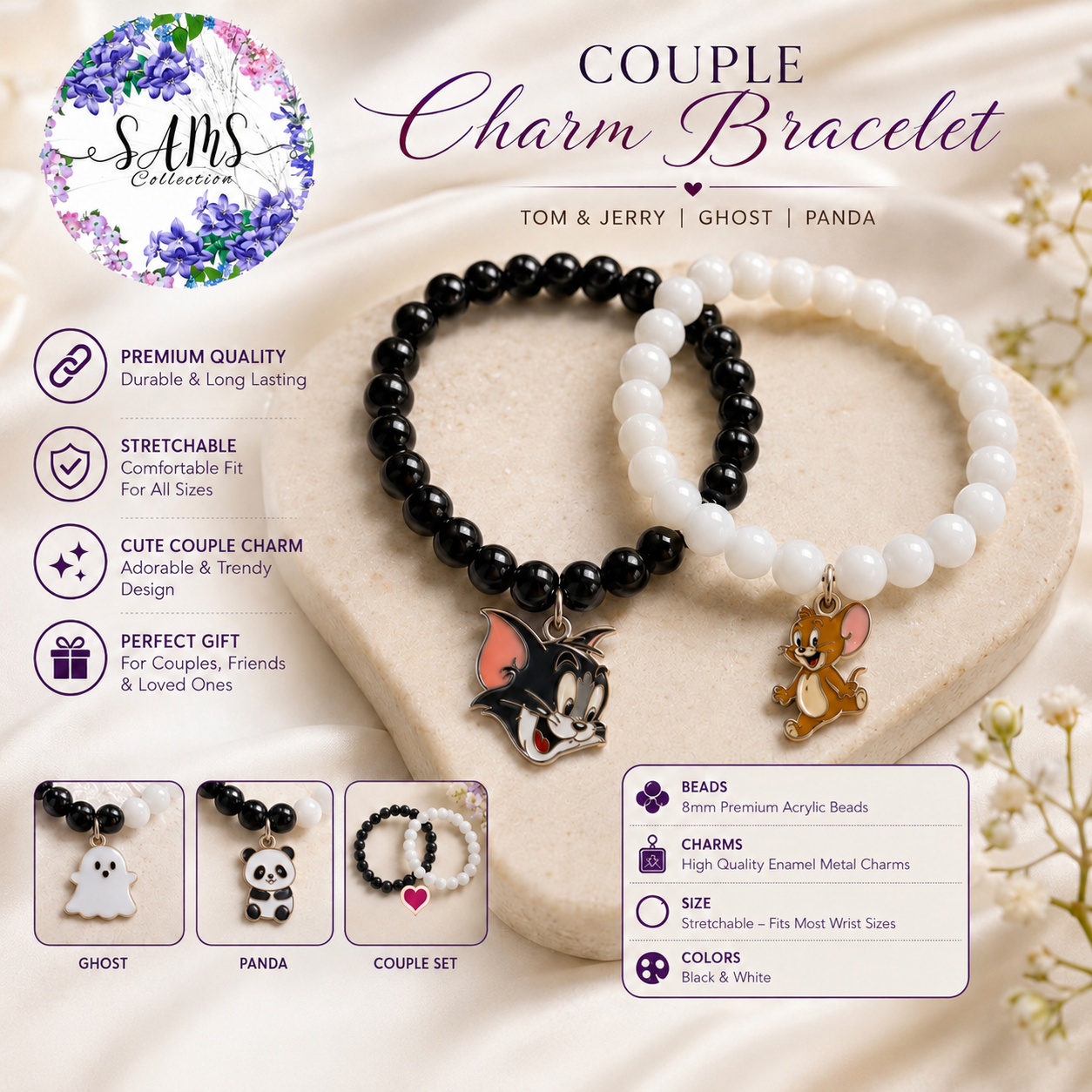 SAMS COLLECTION 2 Pcs Cute Couple Bracelet With Charms and Matt Beads Beads Premium Quality Adjustable Elastic Bracelet Charms Panda Ghost Tom and Jerry Charms Him and Her Bracelet Gifts Idea For Couples
