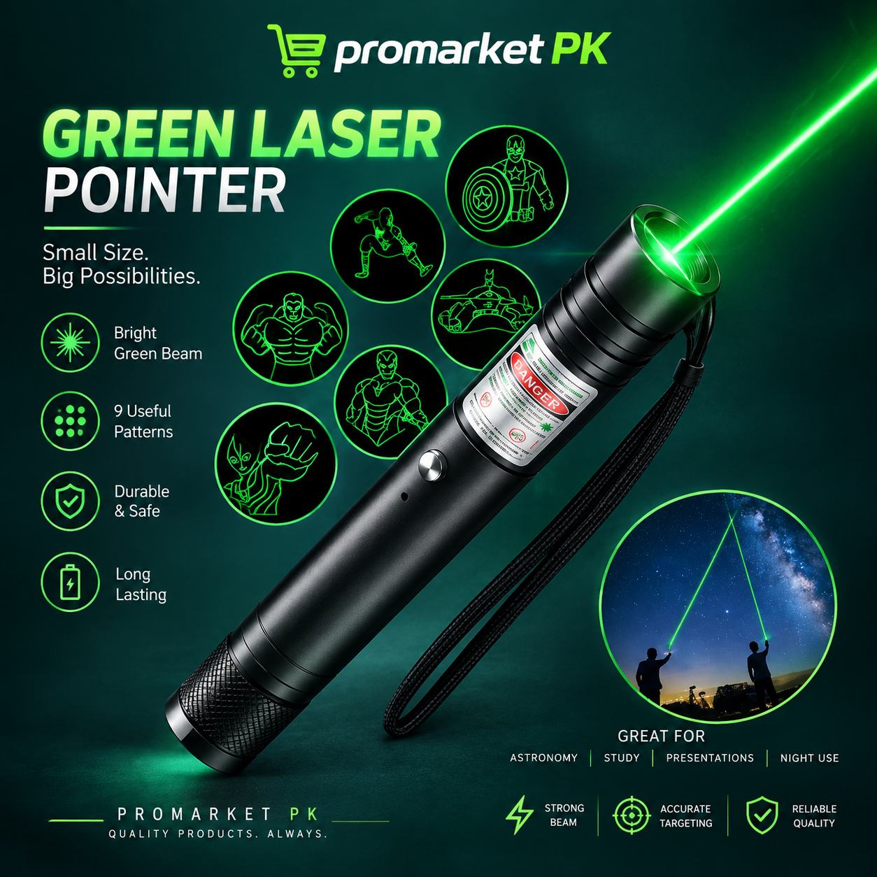 Green LASER LIGHT, Green Laser Pointer With Rechargeable Battery, Charger and Lock Key for teaching, astronomy, pets training, tour guide, classroom and business presentations, outdoor activities, travel