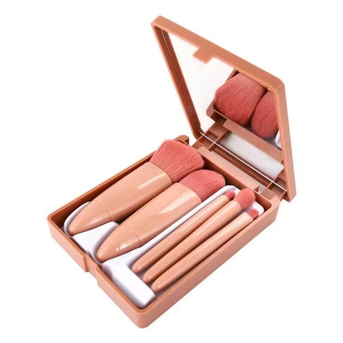 5 Pcs Makeup Brush Set with Mirror – 5 Pcs Soft Travel Brushes for Face, Eyes & Lips (Portable Compact Case) Multicolor