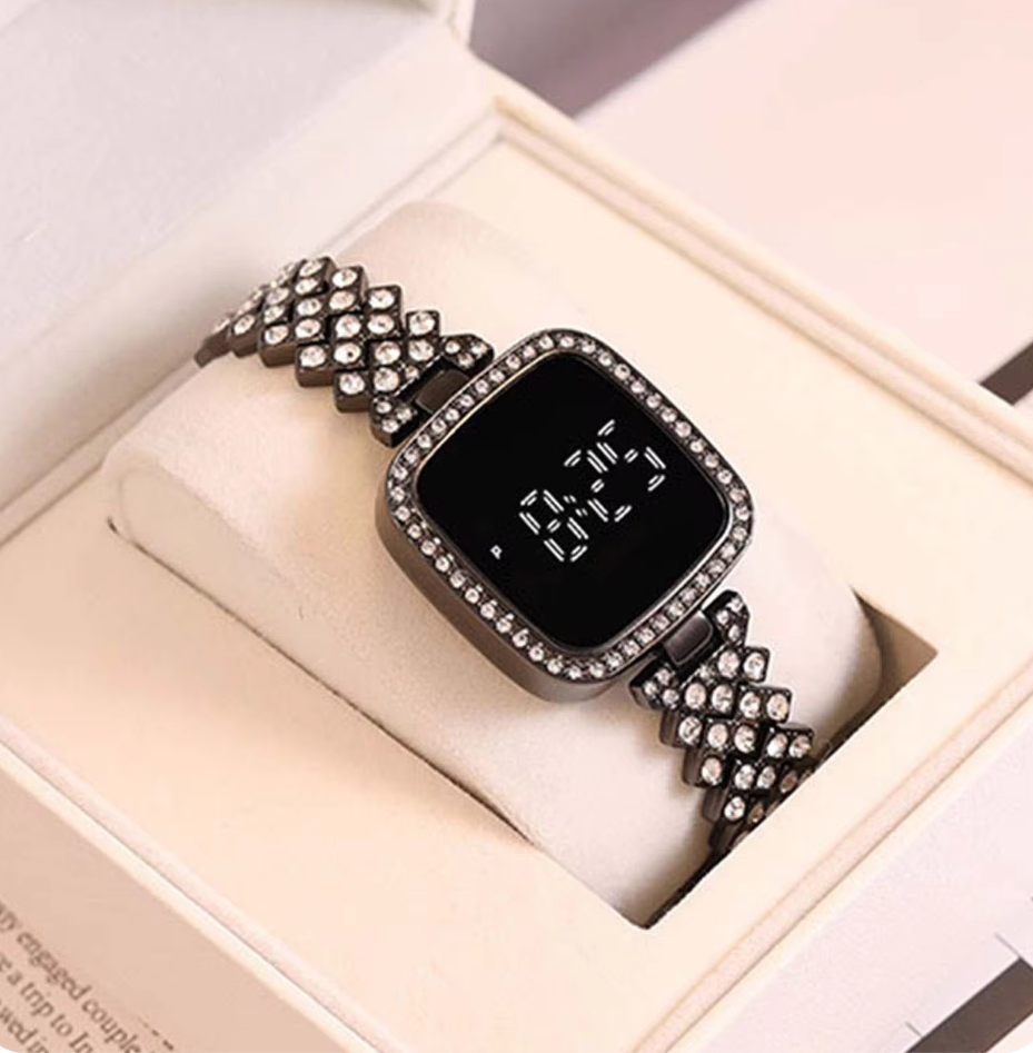 Stylish Women’s Luxury Diamond Watch – Stainless Steel Band LED Touch Electronic Watch