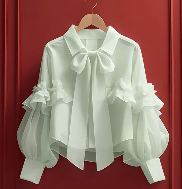 Solid Tie Neckline Shirt Blouse For Women's Wear