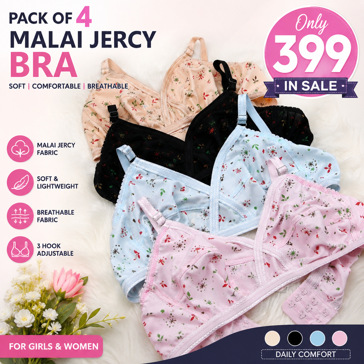 pack of 4  and pack of 2non padded jercy bra ladies brazer all size bra for girls and women soft and printed disign bra