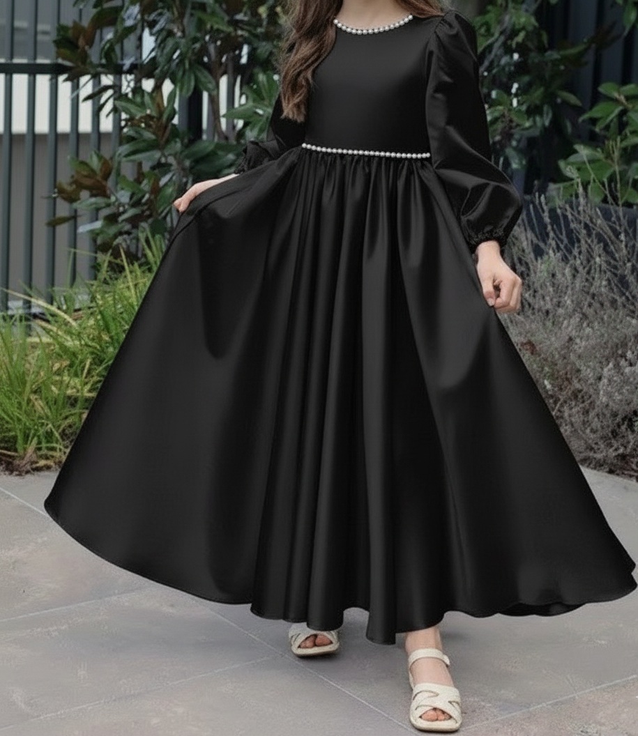 Pearl Beaded Lantern Sleeve Maxi Dress For Girls