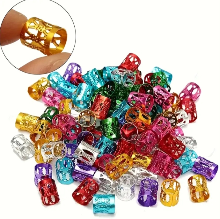 Braid Beads & Braided Rings Set, Aluminum Alloy, Geometric Patterns, Mixed Color, Hollow & Beaded Design, Elegant & Cute Style, Round Shape, Baby Girl Hair Accessories for Valentine's Day
