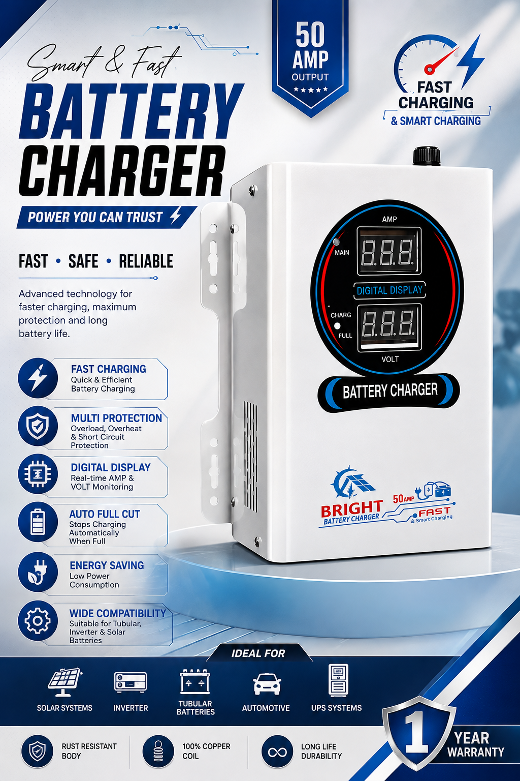 Battery charger 12V 50AMP SMART Charging | Auto Cutt off | Digital Display High Volts
