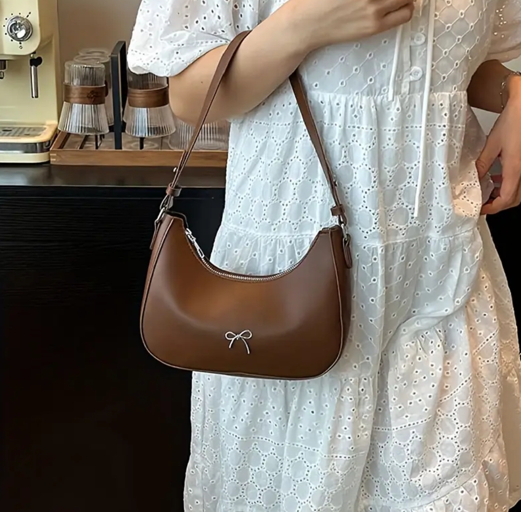 Women's Luxury Crescent Underarm Shoulder Bag  Cute Bow Leather Half Moon Purse & Handbag for Girls