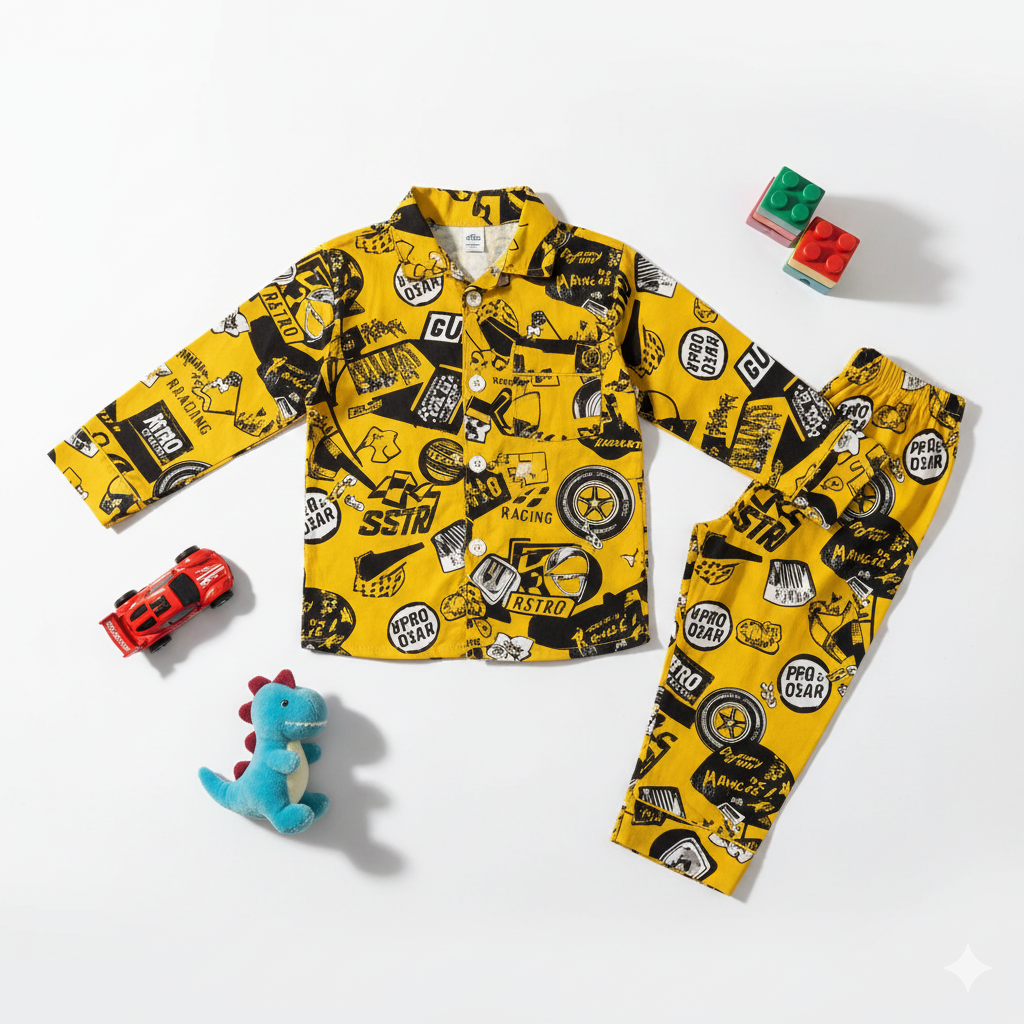 Kids Cotton Nightwear Set with Button-Down Collar - Assorted Patterns for Boys & Girls