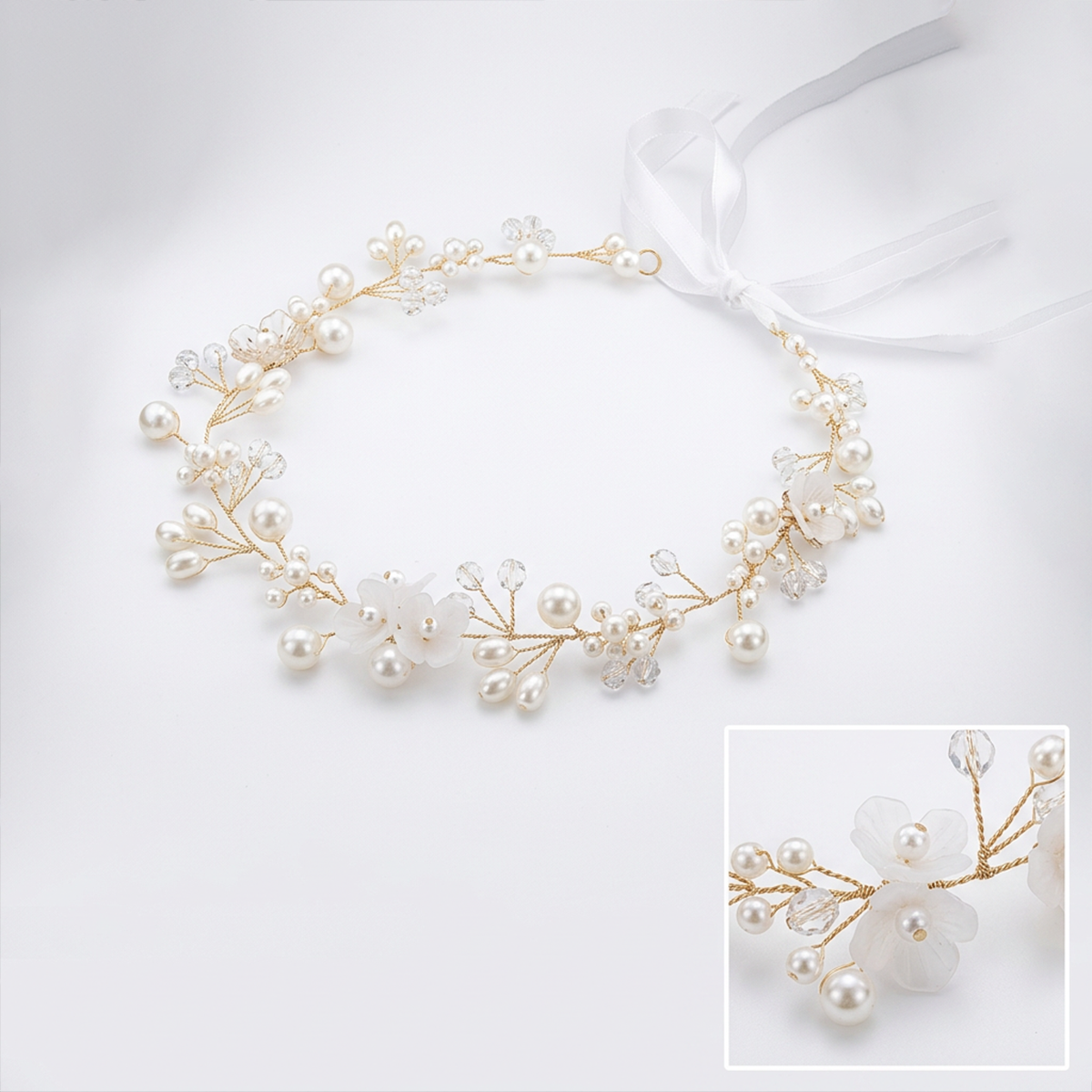Beautiful Flower Headband With Ribbon For Wedding Party Ladies Girls Floral Crown Rhinestone Hair Accessory