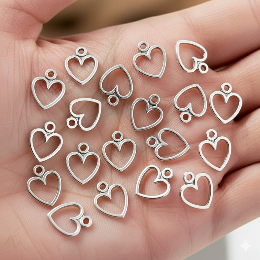 30pcs Heart Shape Silver Charms – Elegant Metal Pendants for DIY Jewelry, Bracelets, Earrings & Crafts.