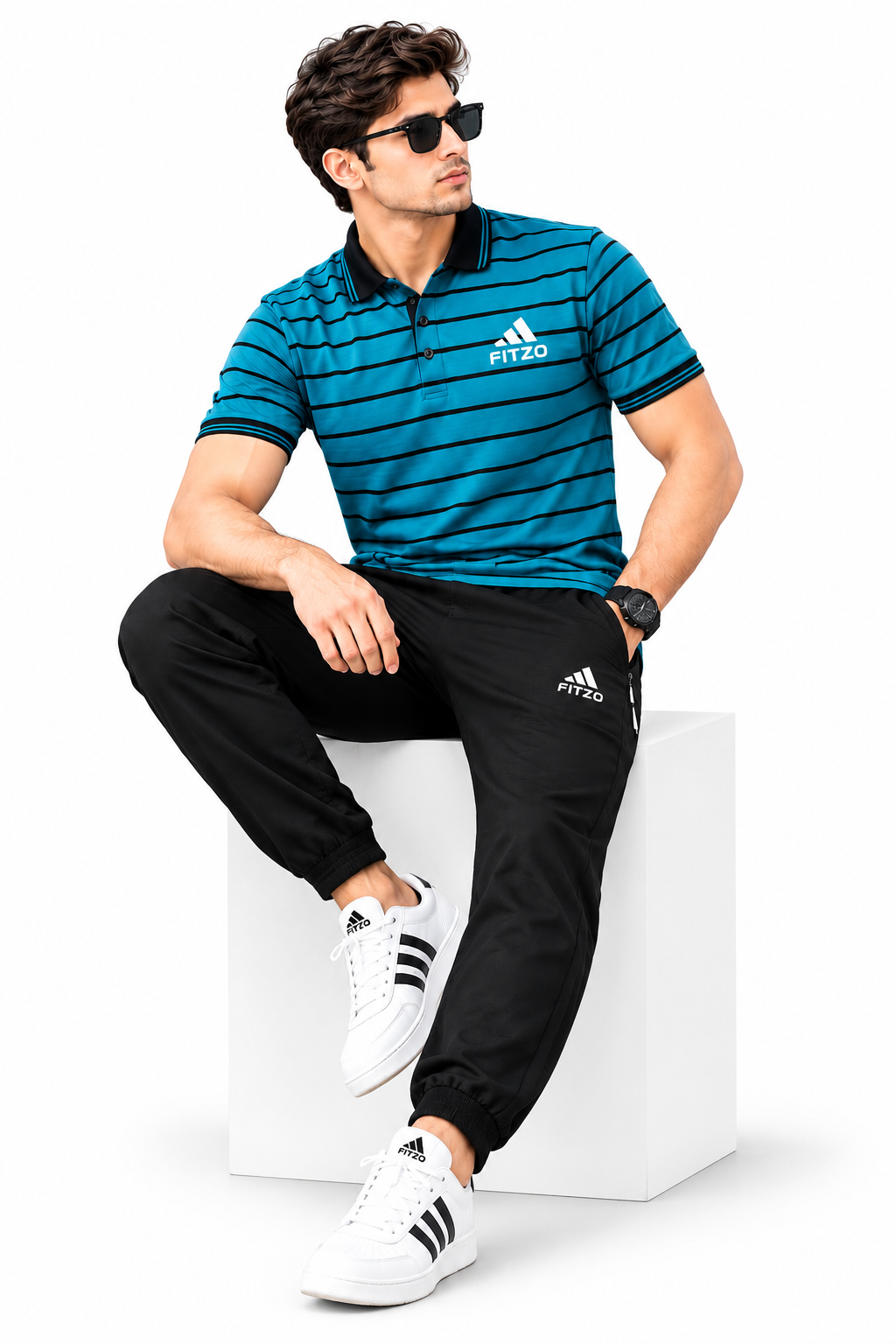 Men's Blue Black Polo Tracksuit Set | Striped Shirt & Trouser