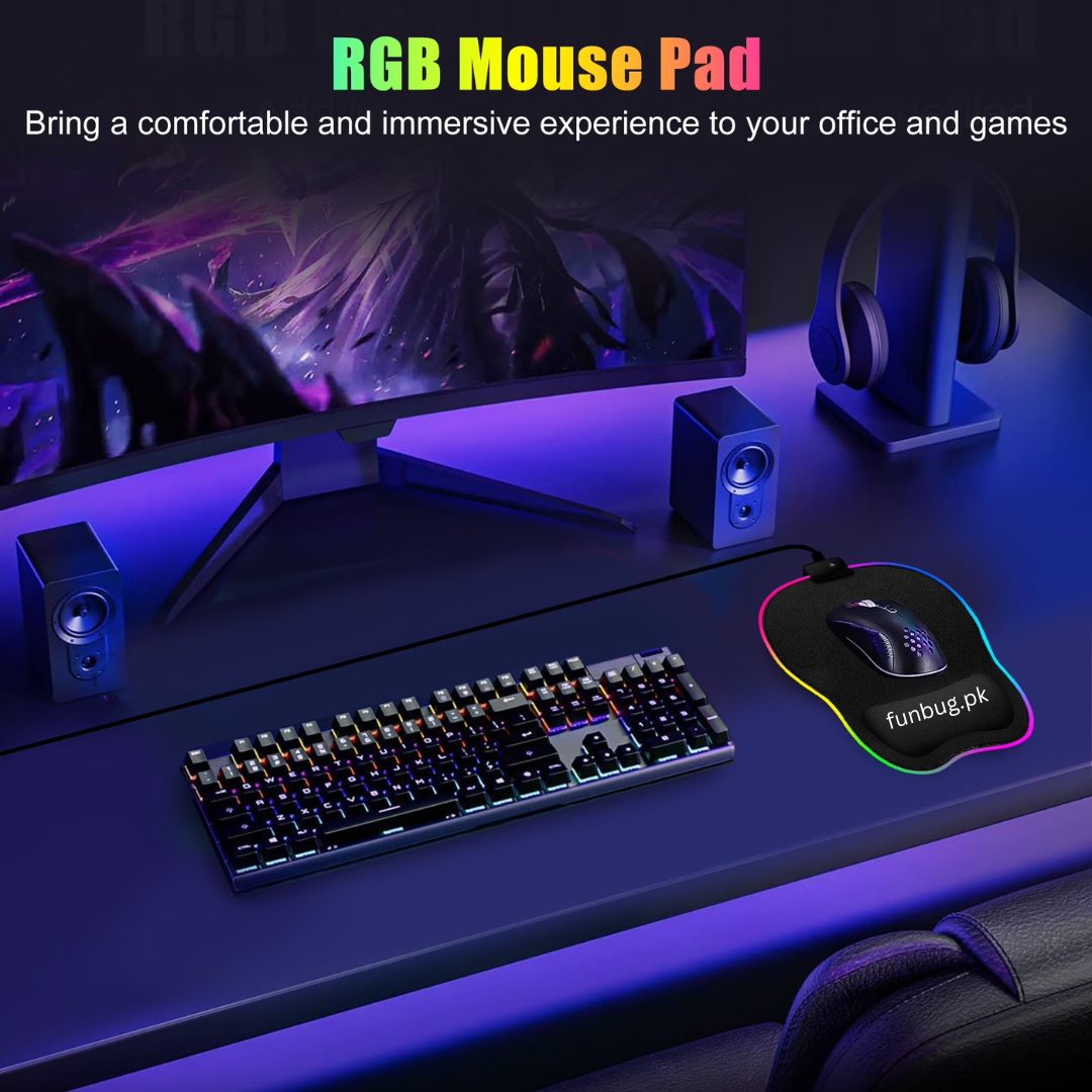 High-Quality XXL RGB Gaming Mouse Pad SMALL & Large Size with Gel Wrist Pad - Extended & Small Led Soft Cloth Mousepad Mat with Non-Slip Rubber Base & 14 Lighting Modes for Gamers, PC Computer, Laptop, Office - (800×300×4mm) - Black - FunBug