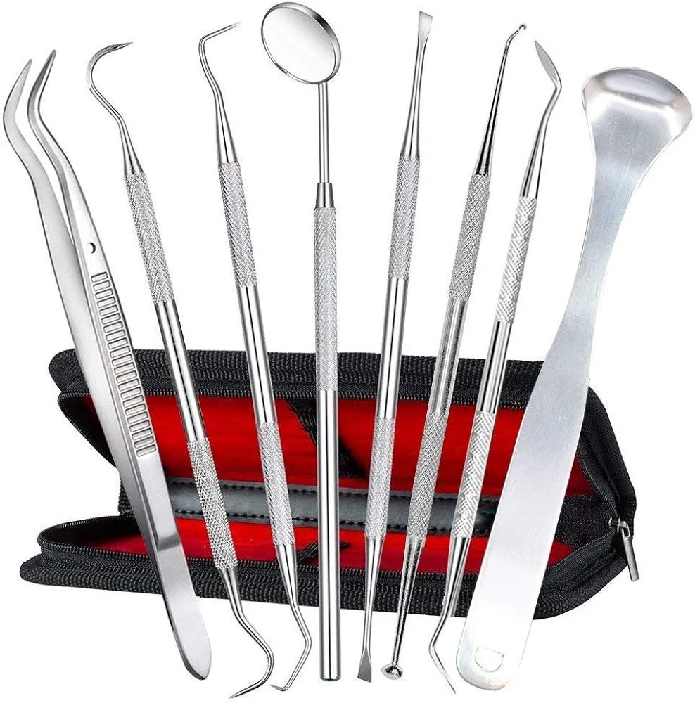 4.3 4.3 out of 5 stars 35

Dental Tools,Fomatrade 8 PACK Stainless Steel Dental Pick Oral Care Kit,Stainless Steel Dental Hygiene Kit Set, Tooth Scraper Plaque Tartar Dental Scaler Tweezers Mouth Mirror for Personal, Pet Oral Care (Black)