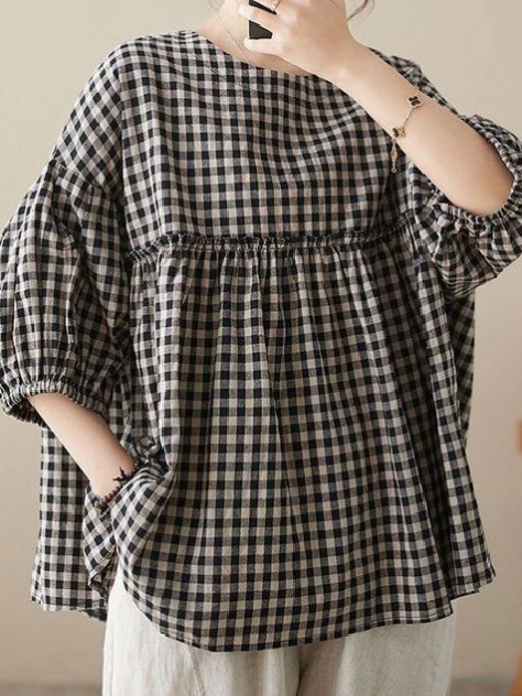 Plaid O Neck Lantern Sleeve Wrinkled Cotton Top, Casual and Elegant Style