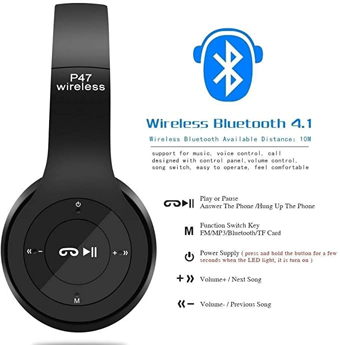 P47 Wireless headphones with Microphone Bluetooth Foldable Headset Support FM Radio TF for PC ,TV Smart Phones & Tablets etc.