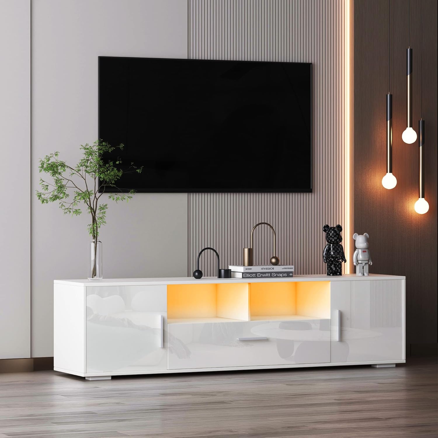 TV Stand for TVs up to 60" Modern TV Console Table with LED Lights TV Cabinet, White "Elegant Wooden TV Console Table – Perfect for Any Living Space"