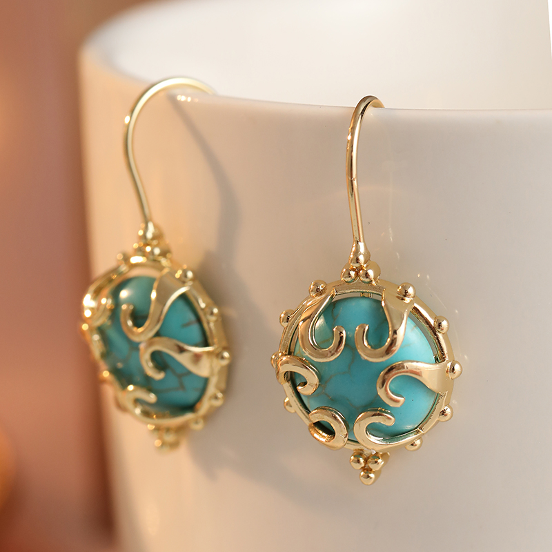 Vintage Chic Design Inlaid Synthetic Turquoise Hollow Dangle Earrings for Women Elegant Luxury Festival Celebration Fine Jewelry