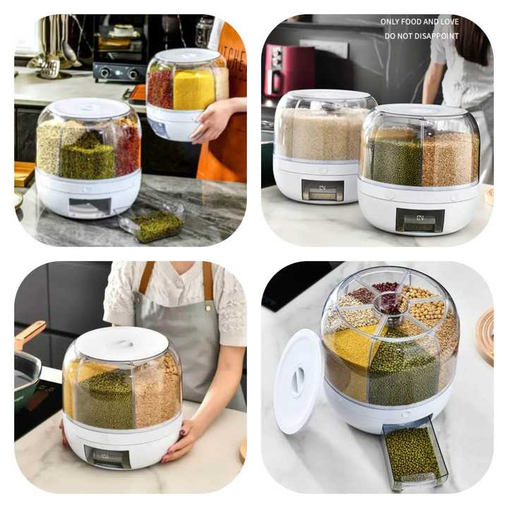 6 Grid Rotating Cereal Dispenser | Revolving Rice & Grain Storage Container | Airtight Food Storage Box | Dry Food Organizer | Kitchen Storage Bin 5KG / 10KG