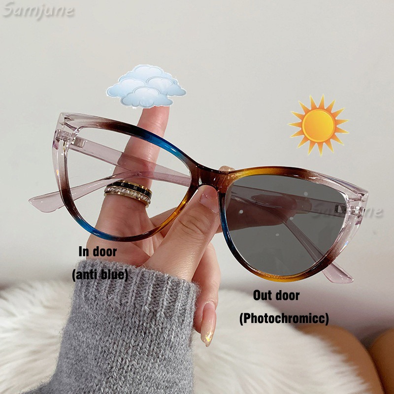 Photochromic Anti Radiation Glasses for Women Cat Eye Fashion Retro Anti-blue Light Computer Eyeglasses