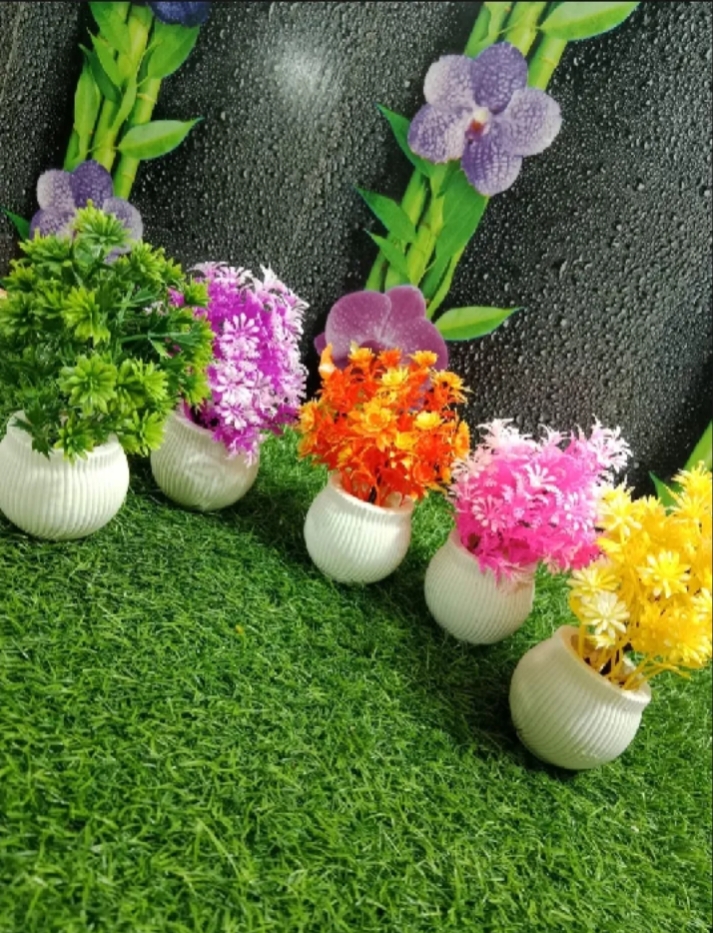 Buy 1 Get 1 Free - Mini Artificial Flower Pot with Vase (Pack of 2) | Premium Plastic Fake Plants for Home, Office, Kitchen & Room Decoration