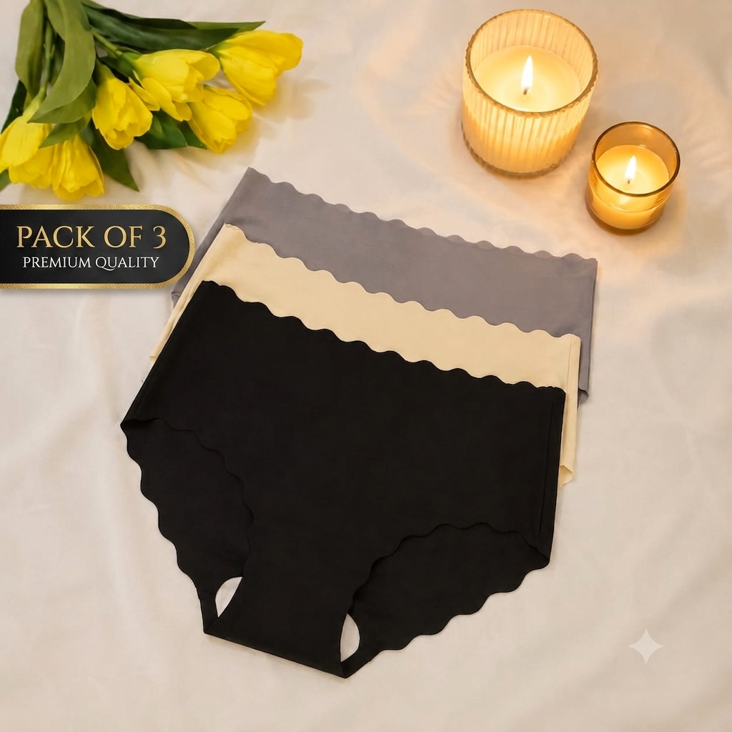 Pack of 3 Ice Silk Seamless Panties for Women | Soft Solid Color Women's Briefs | Elastic Ultra Thin No Show Underwear | Wavy Edge Comfortable Daily Wear Panties for Ladies & Girls