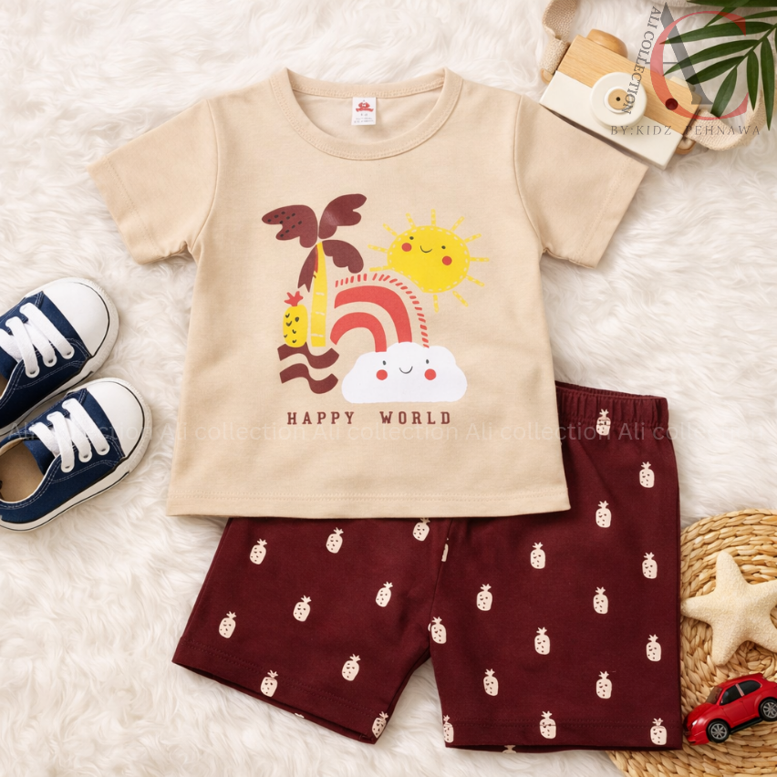 T-shirt And Short Pant For Kids Baby Boys And Baby Girls Round Neck Short Sleeves Tee Tops Clothes Sets Dresses Outfit Suit For Unisex Ali collaction by kidz pehnawa