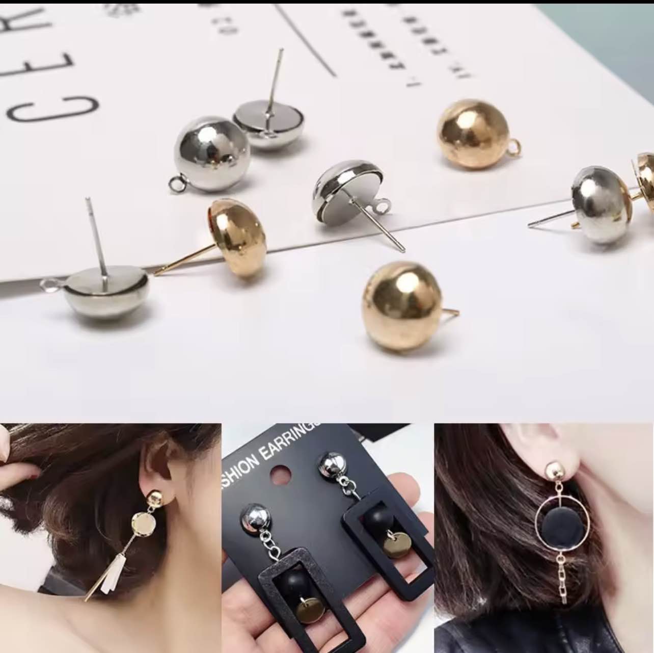 10/20Pcs 6mm Stud Half Ball Earings Ear Pins with Hole Rings for DIY Earring Findings Craft Jewelry Supplies