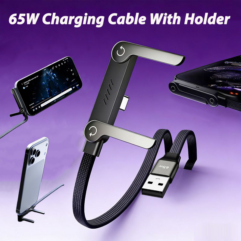 65W USB Fast Charging Cable With Foldable Phone Holder 2-in-1 Type-C Quick Charge Data Wire USB C Charging Line For Mobile Phone