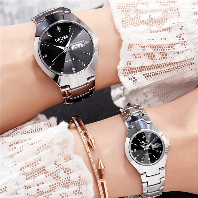 2pcs Couples Dial Cutting Quartz Watch Business Fashion Analog Calendar Wrist Watch Valentines Gift For Men Women Date Watch