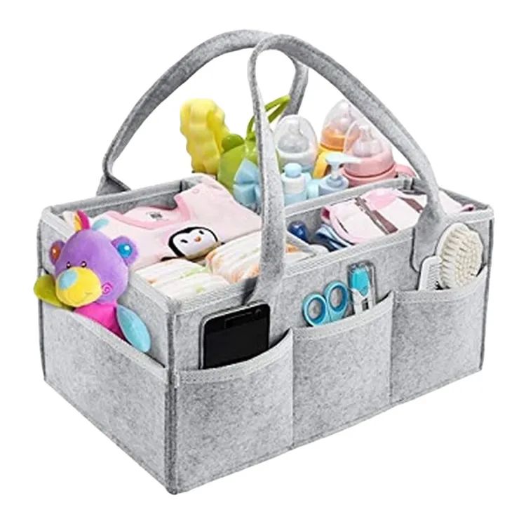Baby Diaper Caddy Organizer, Foldable Felt Storage Bag with Multi Pockets and Flexible Compartments, Portable Car Travel Organizer for Changing Nappy, Wipes, Newborn Shower Gift