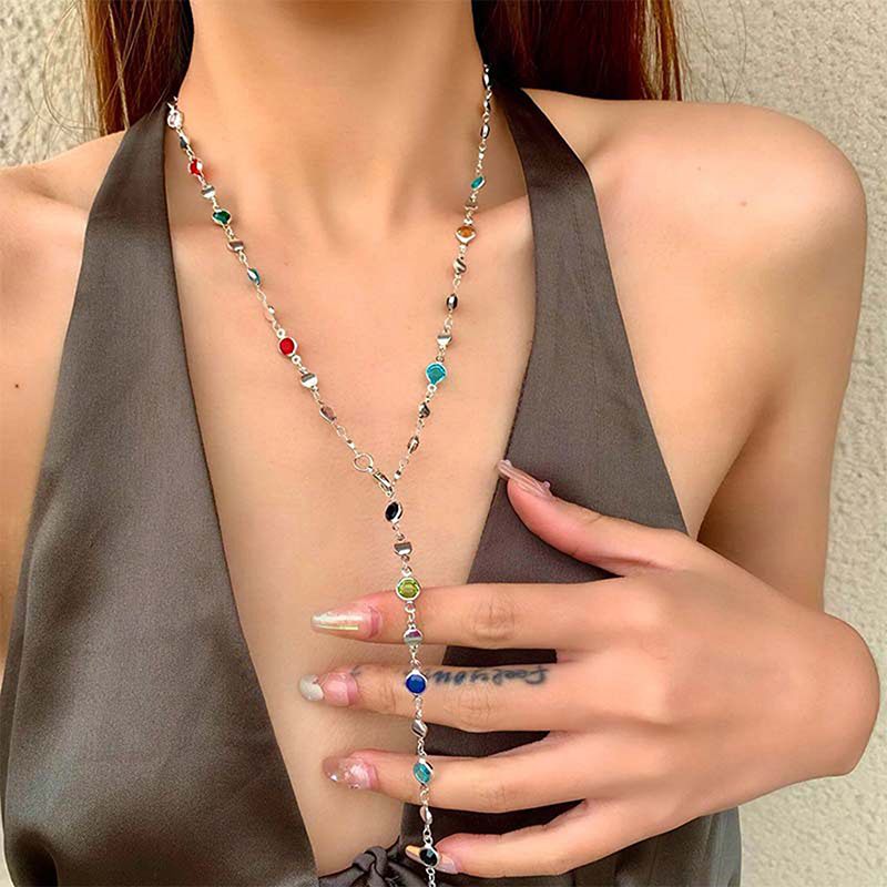 Fashion Colorful Glass Long Y-shaped Necklace Metal Collarbone Chain Gold Silver Color Tassel Necklace Party Body Jewelry