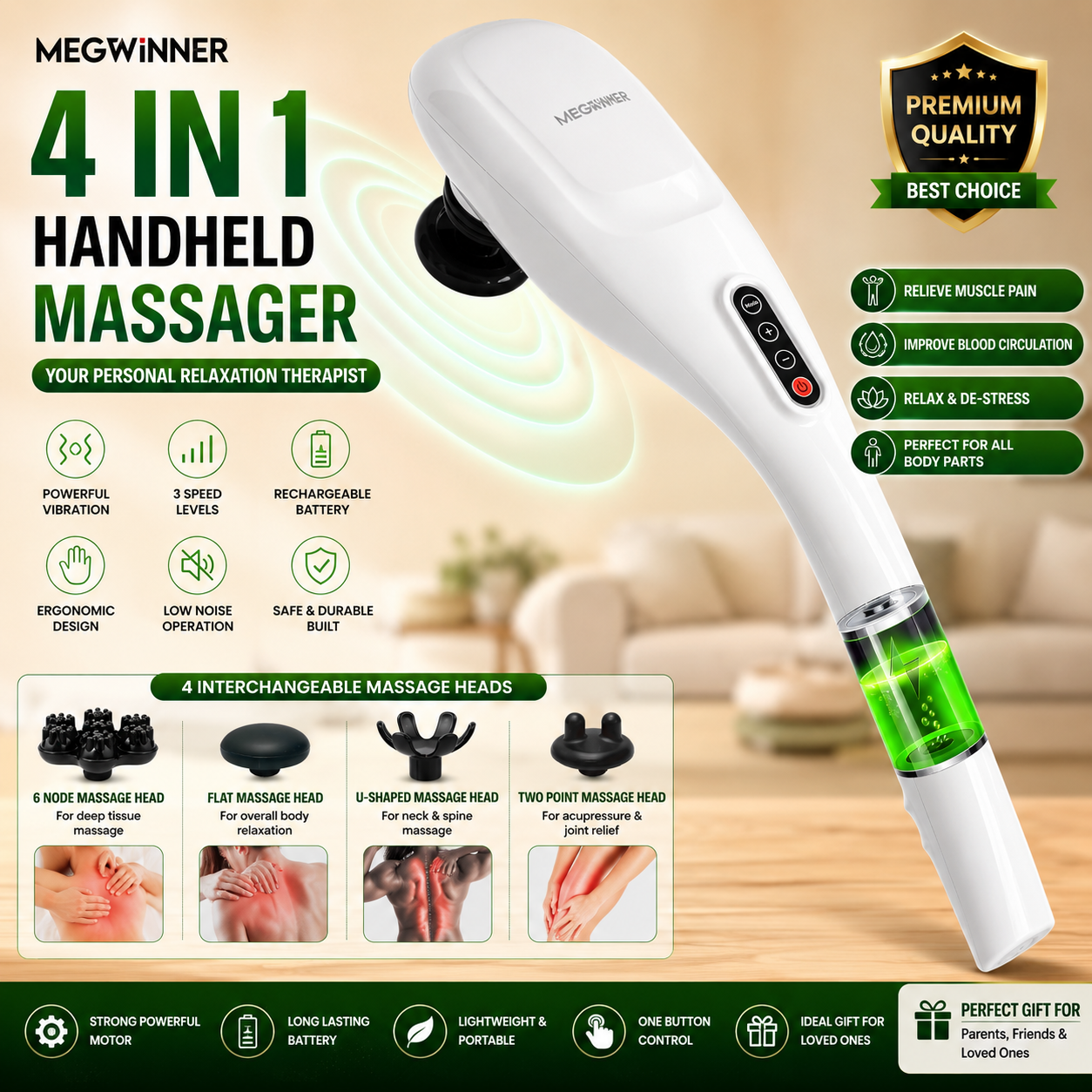 Handheld Electric Back Massager, Deep Tissue Cordless Body Massager for Back, Neck, Shoulders, Waist, Arms & Legs