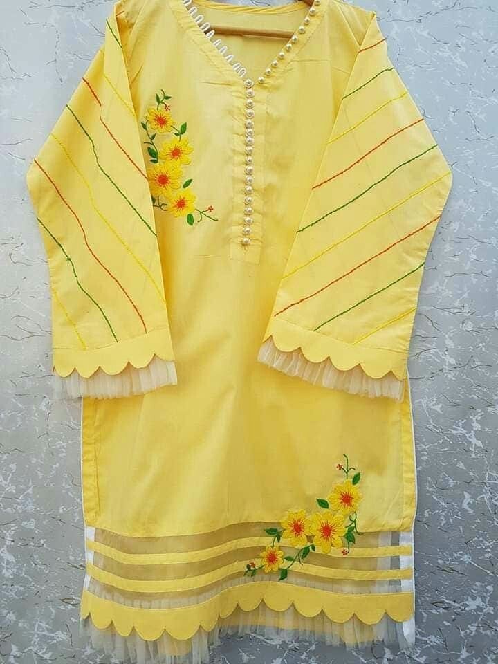 Embrioded stitched yellow cotton lawn kurta for girls(customized