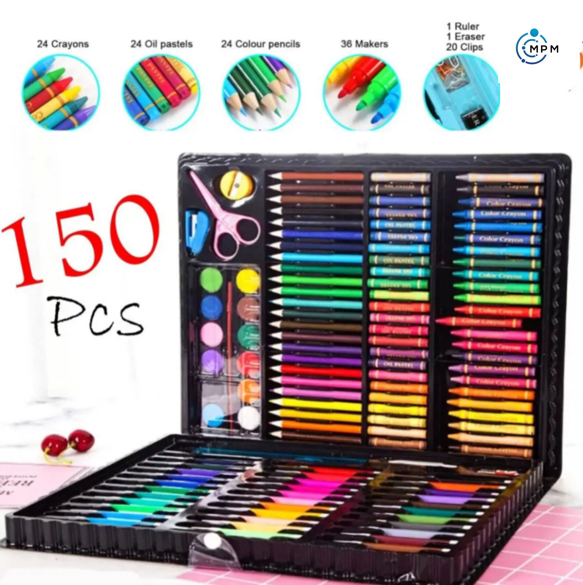 Colour Kit 150 Pieces, Colour Box Set, Kids Colouring Kit, Multifunctional Colour Box, Best Coloring Set, Drawing Kit, Art Set For Kids, Painting Set For Children, Pencil Crayons Markers Art Drawing Kits, Perfect Gift For Boys & Girls Wit Gift Paper Free